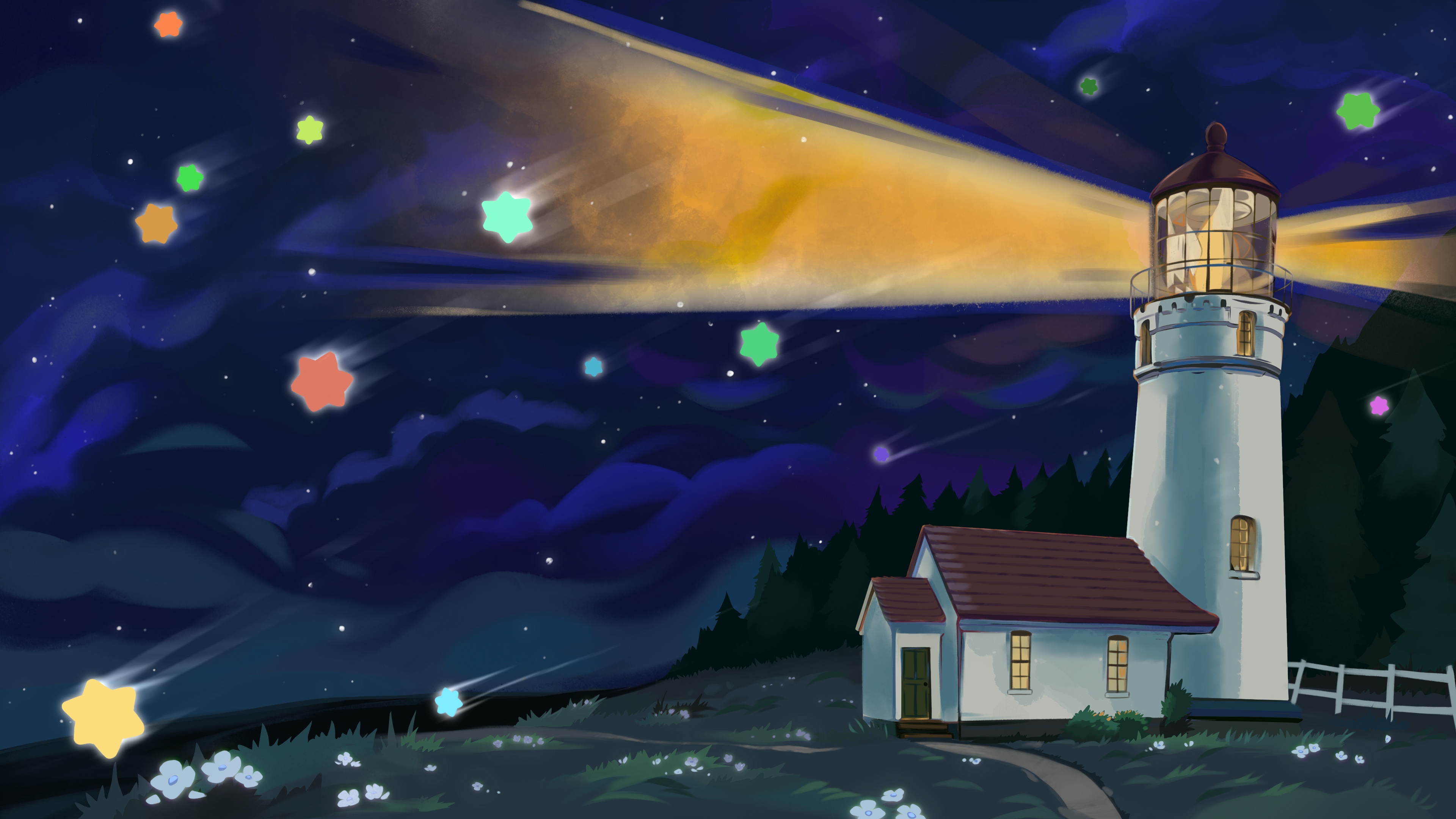 A lighthouse on a grassy field, in front of a starry night sky